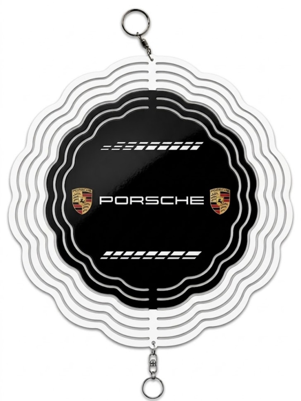 10" Porsche Logo Crest Kinetic Wind Spinner - White Metal Hanging Yard Decor